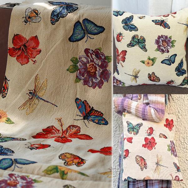 【風くん同款面料♪】 ジャガード生地 トンボ柄 蝶柄 杏色 花柄 150cm幅 100cm単位 手芸...