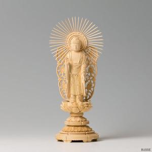 仏像 舟立阿弥陀如来 柘植製/ツゲ 丸座 3寸 金泥書 浄土宗・時宗 /あみ