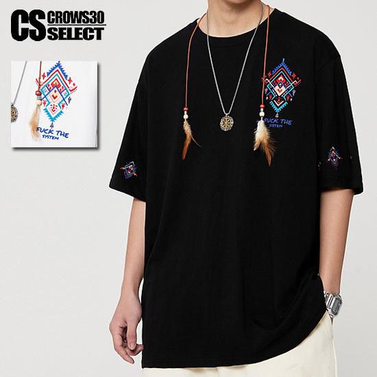 Tシャツ メンズ ストリート系 tシャツ 刺繍 ネイティブ 民族 羽 フェザーネックレス アメカジ ...
