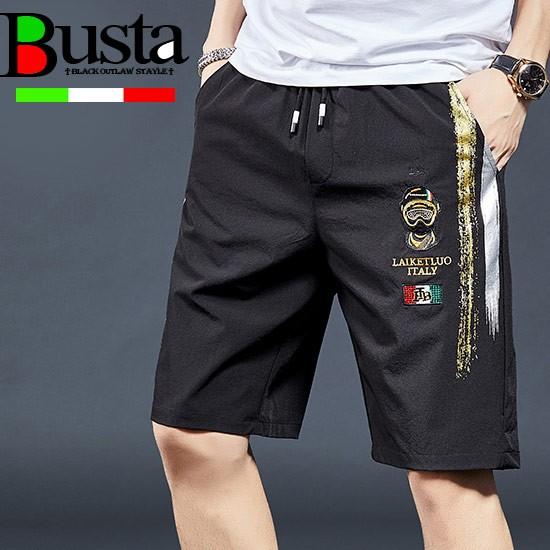 ハーフパンツ メンズ オラオラ系 ショートパンツ エンブレム 刺繍 ペイント ライン インポート 2...