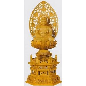 仏像 白檀 大日如来 真言宗 六角台座 飛天光背 金泥書 2.5寸 木彫 仏具