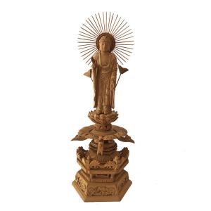 仏像 大日如来 柘植 八角台座 飛天光背 2.5寸 木彫 真言宗 本柘植