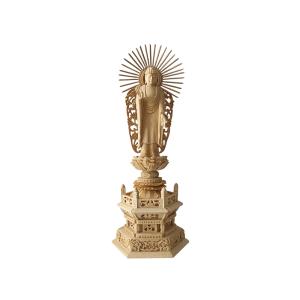 仏像 座釈迦 柘植 六角鬼面麒麟台座 水煙光背 眼入 仏切金 2.0寸 釈迦