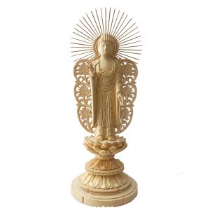 仏像 西立弥陀 総ヒノキ 丸台座 金泥書 5.0寸 仏具 白木 浄土真宗本願寺派 西