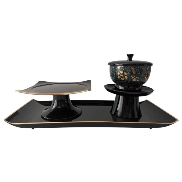 仏具 お給仕セット 九谷焼 湯呑 供物台 茶台 セット 盆 黒 仏具セット