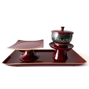 九谷焼 仏具 お給仕セット 湯呑 供物台 茶台 セット 盆 黒 仏具セット