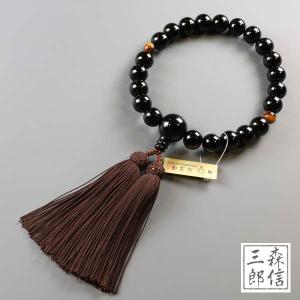 数珠 男性用 黒檀 22玉 二天虎目石 正絹房 (房色・茶) (虎眼石 タイガーアイ 京念珠 木製 メンズ 紳士用 略式数珠 念誦 黒