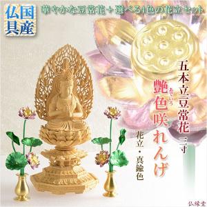 豆常花＋花立セット【艶色（あでいろ）咲れんげ：5本立3.0寸真鍮色】仏壇・仏具　常花　花立　蓮華　花瓶　ミニサイズ　送料無料｜butudanya