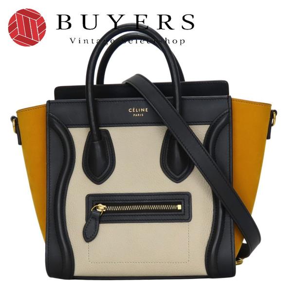 中古 セリーヌ ハンドバッグ ナノラゲージ レザー ブラック アイボリー イエロー ショルダー ミニ...