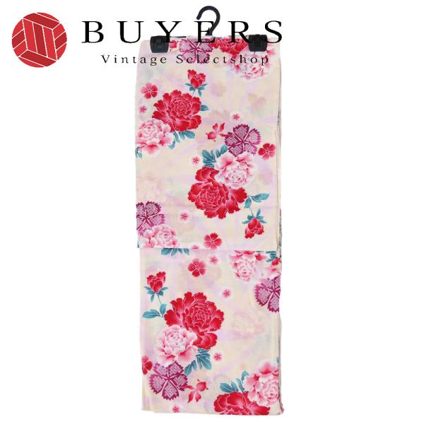 中古 浴衣 未使用展示品 綿 クリーム ピンク 赤 ぼたん 金魚 可愛い 和装 呉服 和服 きもの ...