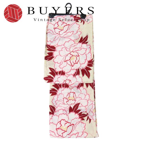 中古 浴衣 綿 クリーム系 えんじ ピンク ぼたん 大柄 大人可愛い 和装 呉服 和服 きもの レデ...