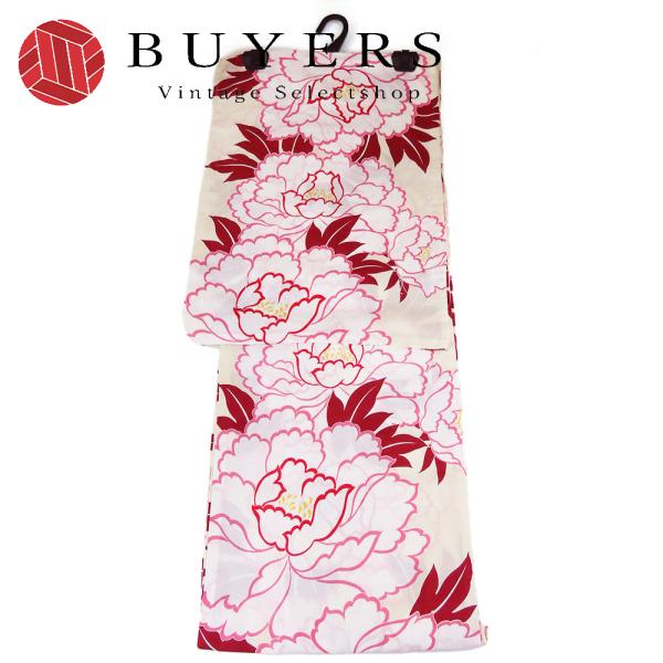 中古 浴衣 未使用展示品 綿 クリーム系 えんじ ピンク ぼたん 大柄 大人可愛い 和装 呉服 和服...