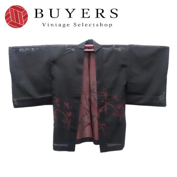 中古 羽織 正絹 黒 赤 おしゃれ 夏 紗 和装 呉服 和服 きもの レディース 女性