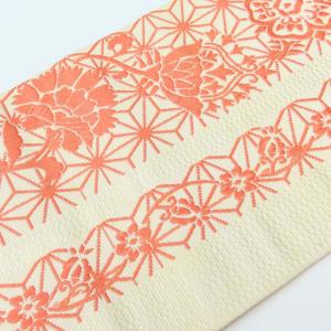中古 半幅帯 正絹 アイボリー ピンク リバー...の詳細画像1