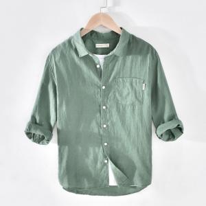 シャツ メンズ 七分袖 麻100% リネンシャツ 無地 シンプル トップス カジュアルシャツ ポケット