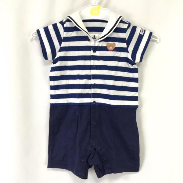 MIKI HOUSE【ミキハウス】ロンパース【ベビー70/白×ネイビー/ボーダー柄/】カバーオール/...