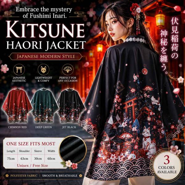 新品★幻想和柄 羽織り/着物【男女フリーサイズ/漆黒カラー】 伏見稲荷/お稲荷様/和風カーディガン/...