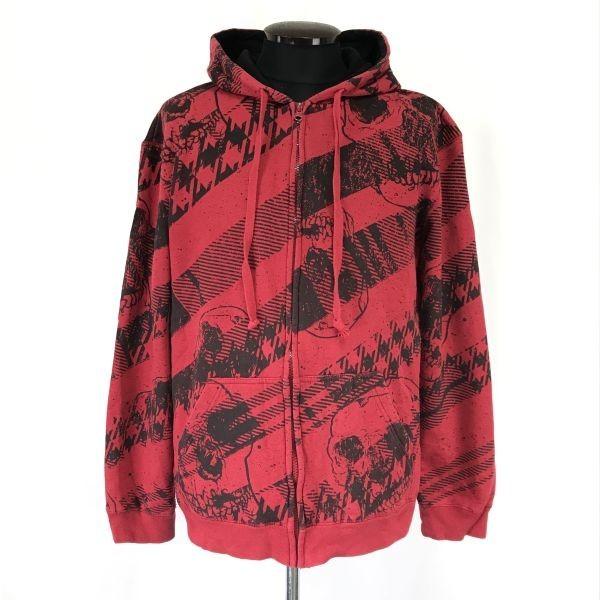 ハイブリッドティーズ/Hybrid Tees★スカル総柄/裏起毛/ジップアップパーカー【メンズXL程...