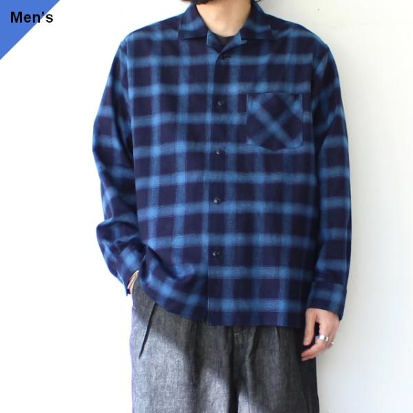 weac. インディゴ染めフランネルオープンカラーシャツ RAINY BLUE　（Navy Chec...