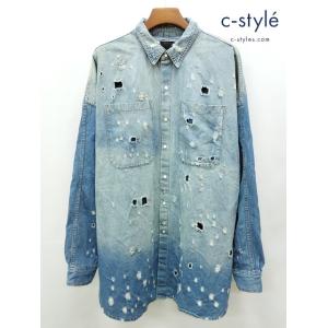 L686 [人気] Danke Schon ダンケシェーン クラッシュ加工ロングスリーブデニムシャツ...