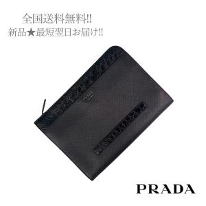 I484.. PRADA プラダ ドキュメントホルダー サフィアーノ レザー x リアルクロコダイル ビジネス ロゴ メンズ 男 新品 ★ ブラック｜c-trust