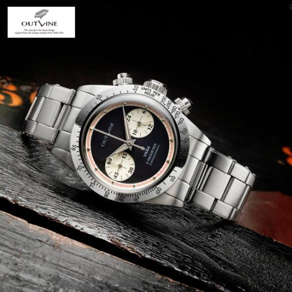 日本製 OUTLINE アウトライン 2レジスタークロノ シリーズ III 逆パンダ クォーツ腕時計...