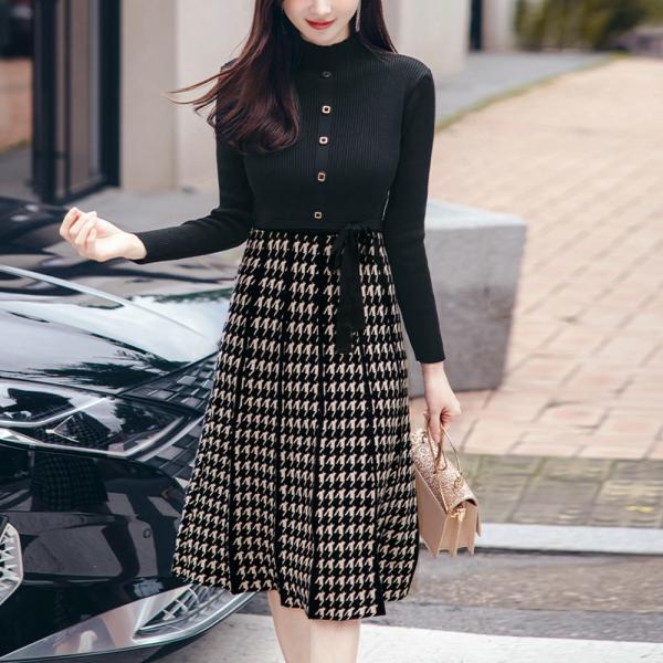 ニットワンピース レディース 送料無料 膝丈 長袖 切り替え　ハイネック　フレア 春秋 123986