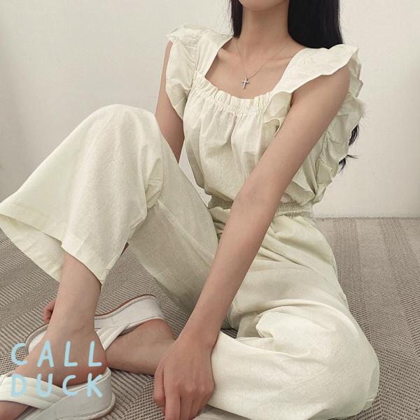 オールインワン ノースリーブ パンツ レディース 送料無料 フリル袖 つなぎワイド スクエアネック ...