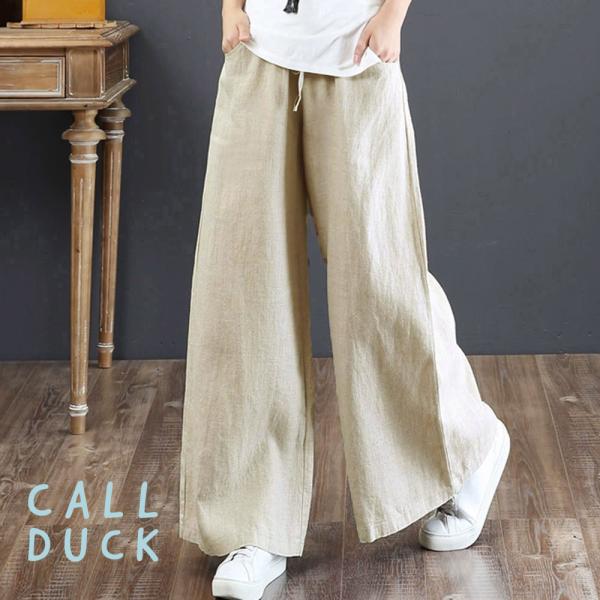 ワイドパンツ M ロング レディース 送料無料 綿麻 無地 カジュアル ウエストゴム 軽い 体型カバ...