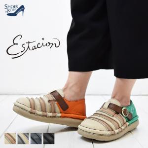 Estacion エスタシオン スリッポン 本革 レディース 歩きやすい 疲れにくい コンフォート 厚底 ベルト ボーダー バイカラー カラフル 4cm(FOO-FL-25)