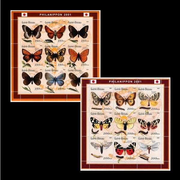■ギニアビサウ切手　2001年　蝶(チョウ) / 蛾(ガ)　日本国際切手展　9種シート2枚