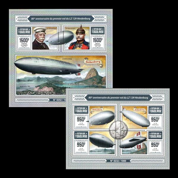 ■トーゴ切手　2016年　ツェッペリン / 硬式飛行船 / ヒンデンブルグ号80周年　2種シート＋4...