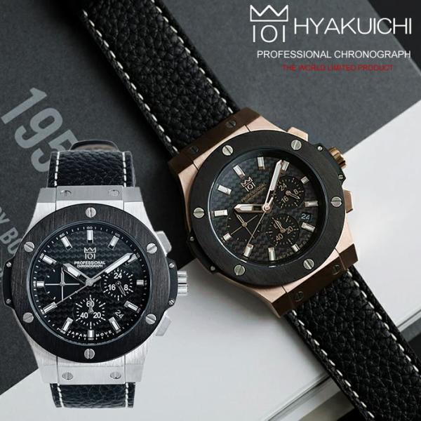 HYAKUICHI ヒャクイチ クロノグラフ メンズ 腕時計 レザー カーボンダイアル ブラック ブ...