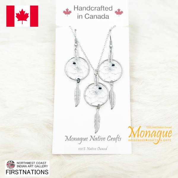 ドリームキャッチャー ネックレス ピアス オジブア族 メタルフェザー ピアス＆ネックレスセット ビー...