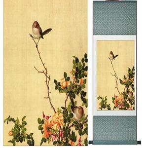 Haonmdqay 水墨画鳥と花の絵春水墨画シルクスクロール鳥と花の絵_Yellow100cmx30cm