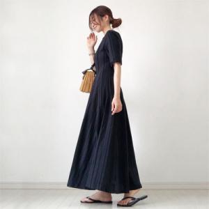 五分袖ＢＧストライプ ワンピース レディースファッション ロング マキシ カジュアル コットン ブラ...