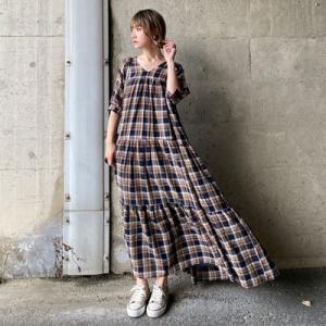 カントリー チェック ティアード ワンピース  ティアード シャビー リラックス カジュアル レディ...