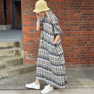 グリーンチェック 五分袖ワンピース ボタンダウン バルーンスリーブ トラッド シンプル カジュアル ...