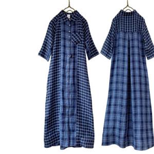 ブルーチェック 五分袖ワンピース ゆったりなのにスッキリ  リネン100％  レディースファッション...