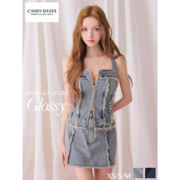 【ROBE de FLEURS Glossy】デニム/ フリンジ/ ジッパー/ ノースリーブ/ タイ...