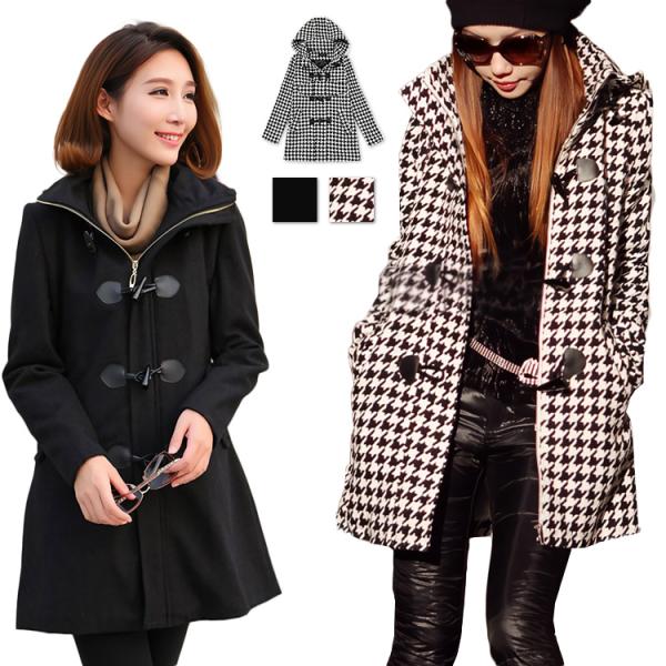 レディース 千鳥格子 ダッフルコート アウター 上着 コート ミディアム丈 ハーフ丈 千鳥柄 無地 ...