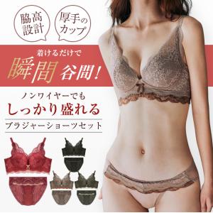 ノンワイヤーブラセット ノンワイヤーブラジャー ショーツセット レース 盛れる ブラ 谷間 セクシー 脇高 下着女性 上下セット 大きいサイズ 30代 40代 50代