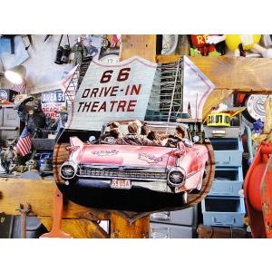 ルート66ドライブインシアター＆ピンクキャデラック　U.S.ヘヴィースチールサイン　アメリカ雑貨　ア...
