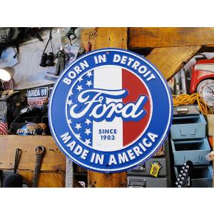 フォード　ラウンド　ブリキ看板　（星条旗/ボーン　イン　デトロイト）