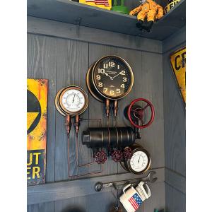 スチームパンク　ウォールクロック　（タンク＆バルブ）　壁掛け時計/温度計/湿度計