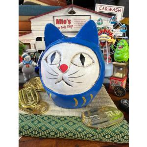 だるま猫　木彫り人形　（青だるま）　※ミニ畳と小判は別売です　■　アメリカン雑貨　アメリカ雑貨