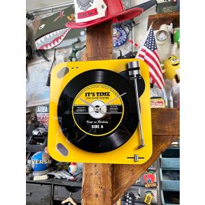 レコードプレーヤー　ガラスウォールクロック　（イエロー）　■　アメリカン雑貨　アメリカ雑貨　壁掛け時...