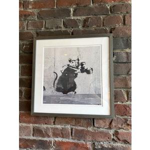 バンクシー　アートフレーム　（Papa-rat-zzi）　木製額付き　絵画ポスター　カメラを持つネズ...