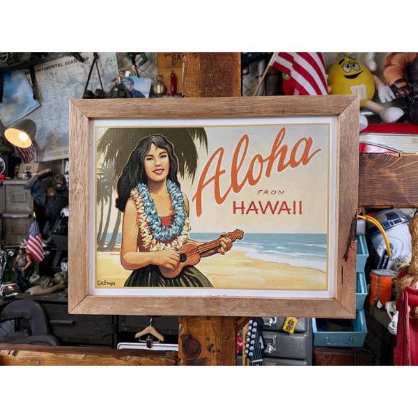 ハワイアン　ヴィンテージアート　ウッドフレーム　（ウクレレガール＆ビーチ） ■ アメリカン雑貨 アメ...