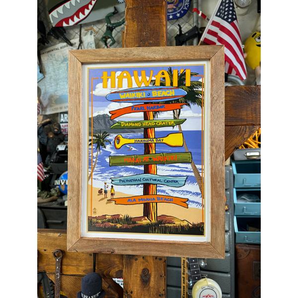 ハワイアン　ヴィンテージアート　ウッドフレーム　（観光名所の案内看板） ■ アメリカン雑貨 アメリカ...